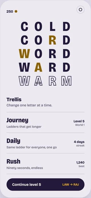 Trellis home screen: the COLD to WARM ladder above the Journey, Daily and Rush modes