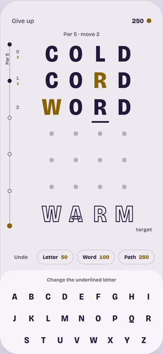 A ladder in play: COLD, CORD, WORD, with the target WARM below and the letter keyboard